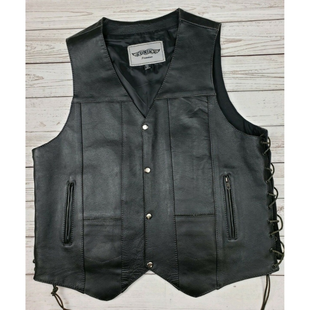 Mens UNIK LEATHER Lace Up Sides BIKER VEST Sz XXL